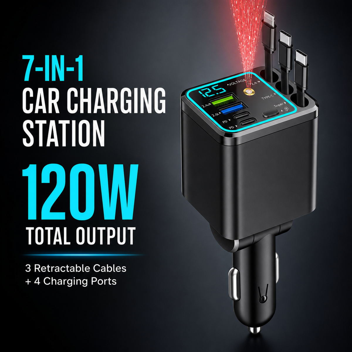 7 in 1 Starlight Retractable Car Charger with 120w Dual Type C and Lightning Cable