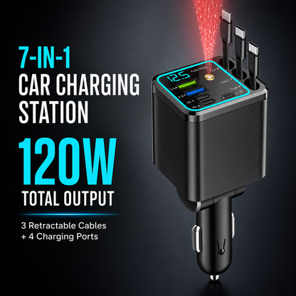 7 in 1 Starlight Retractable Car Charger with 120w Dual Type C and Lightning Cable