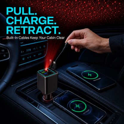 7 in 1 Starlight Retractable Car Charger with 120w Dual Type C and Lightning Cable