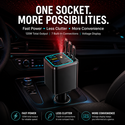 7 in 1 Starlight Retractable Car Charger with 120w Dual Type C and Lightning Cable