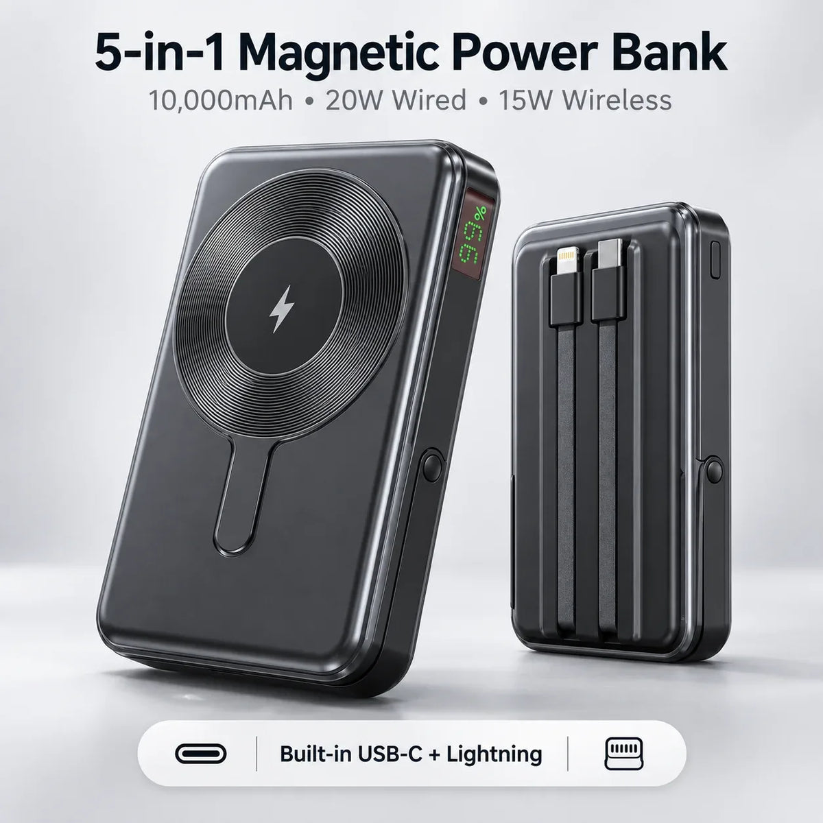 5-in-1 magnetic power bank with 10,000mAh capacity, 20W wired and 15W wireless charging, and built-in USB-C and Lightning cables