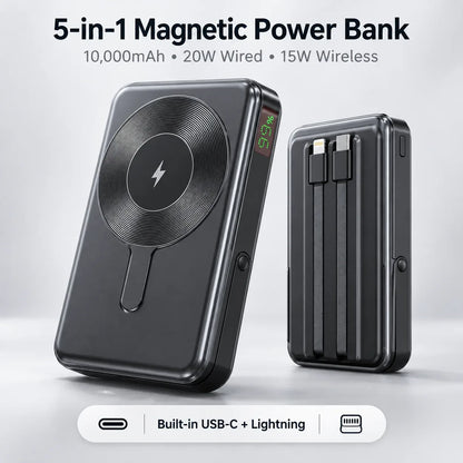 5-in-1 magnetic power bank with 10,000mAh capacity, 20W wired and 15W wireless charging, and built-in USB-C and Lightning cables