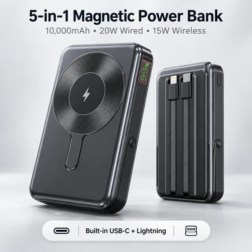 5-in-1 magnetic power bank with 10,000mAh capacity, 20W wired and 15W wireless charging, and built-in USB-C and Lightning cables
