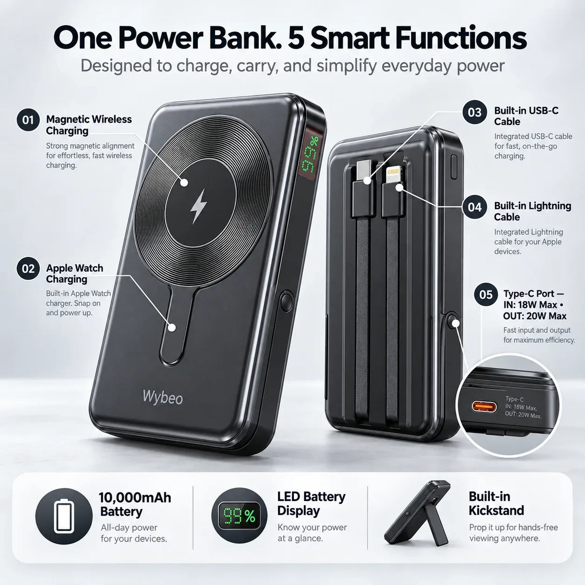 Numbered diagram of the power bank's 5 functions: magnetic wireless charging, Apple Watch charging, built-in USB-C cable, built-in Lightning cable, and Type-C port