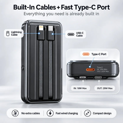 Close-up of built-in Lightning and USB-C cables and the Type-C port supporting 18W input and 20W output fast wired charging