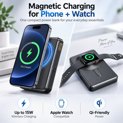 Power bank magnetically charging an iPhone and Apple Watch at the same time, showing up to 15W wireless charging and Qi-friendly compatibility