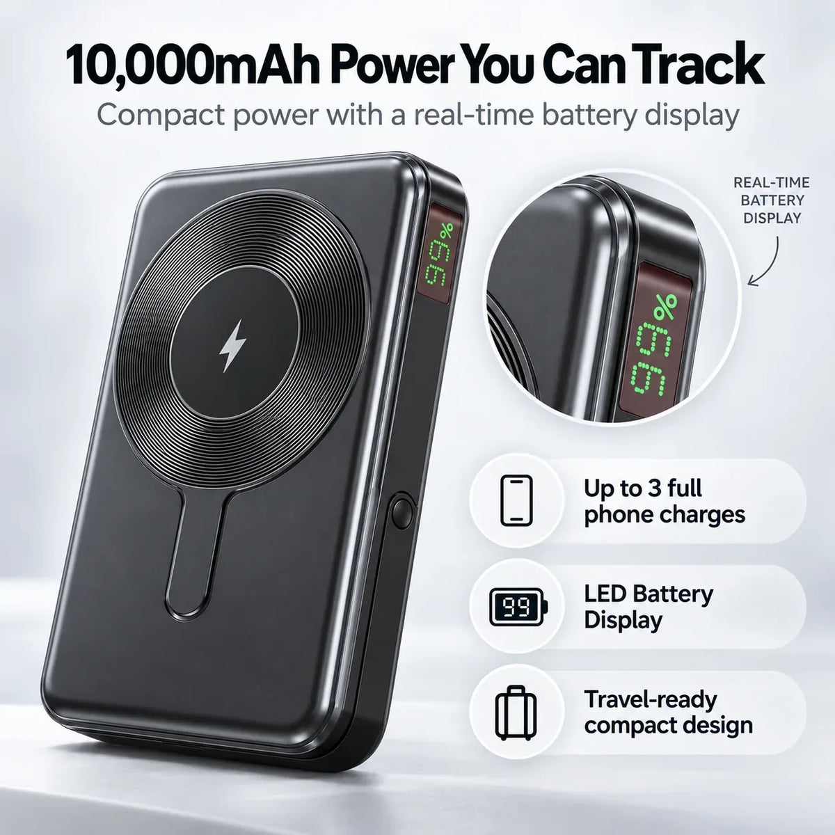 10,000mAh power bank with real-time LED battery display, giving up to 3 full phone charges in a travel-ready compact design