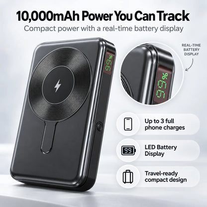 10,000mAh power bank with real-time LED battery display, giving up to 3 full phone charges in a travel-ready compact design