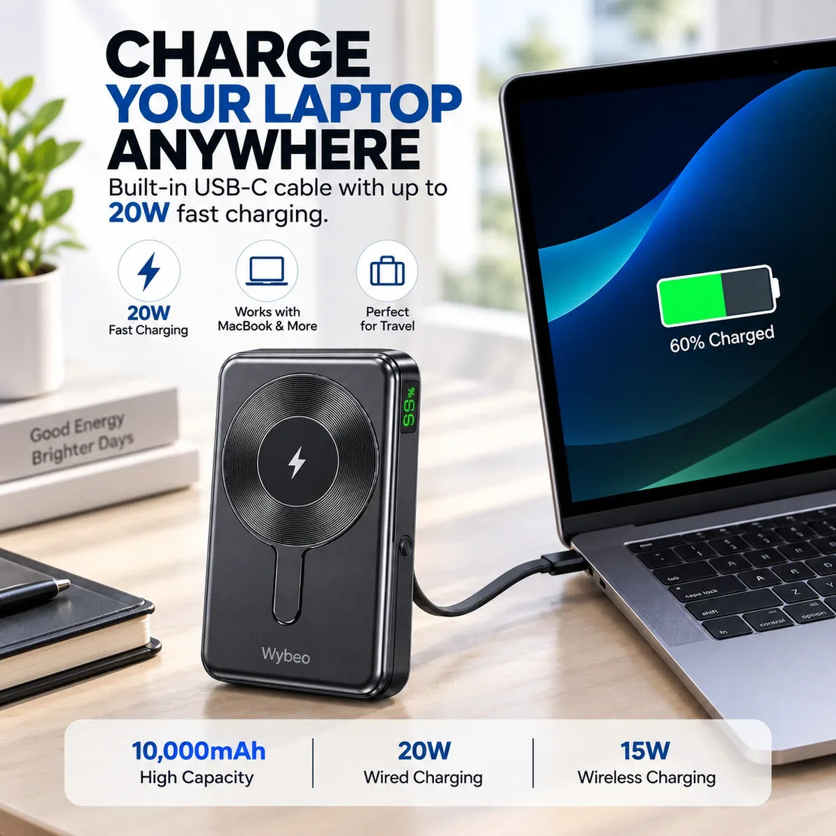 Power bank charging a MacBook laptop to 60% via built-in USB-C cable with up to 20W fast wired charging, ideal for travel