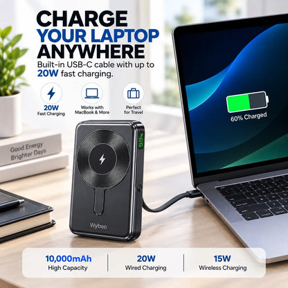 Power bank charging a MacBook laptop to 60% via built-in USB-C cable with up to 20W fast wired charging, ideal for travel