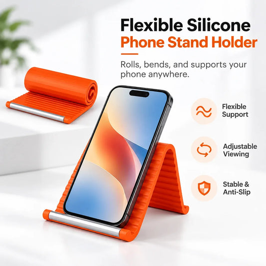 Orange flexible silicone phone stand holder shown rolled and unrolled, supporting a smartphone on a white surface with flexible, adjustable, and anti-slip stable design