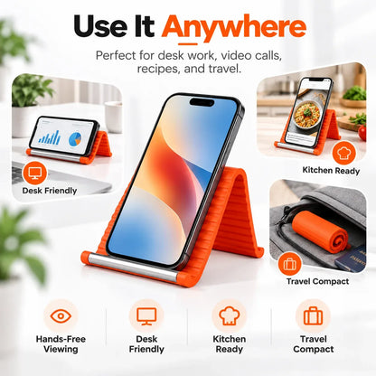 Orange flexible phone stand used in multiple settings: desk work, video calls, kitchen recipes, and rolled up compactly for travel