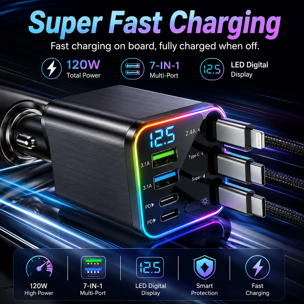 7 in 1 Starlight Retractable Car Charger with 120w Dual Type C and Lightning Cable